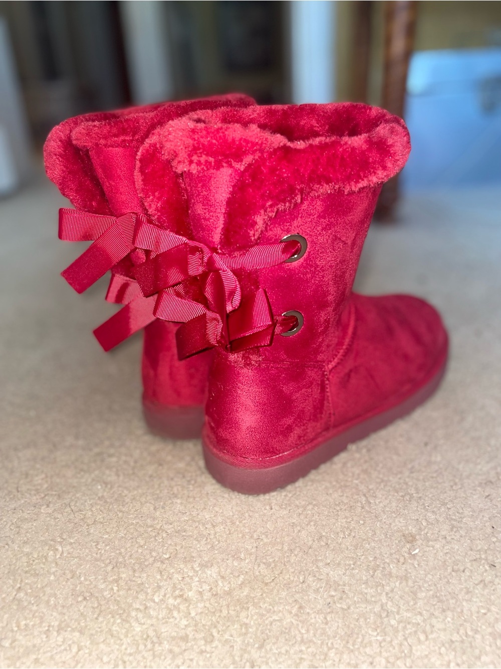 Girls Plush Bow-Back Ankle Boots - Red
